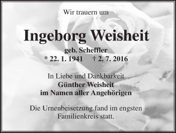 Traueranzeige von Ingeborg Weisheit von  GT am Sonntag