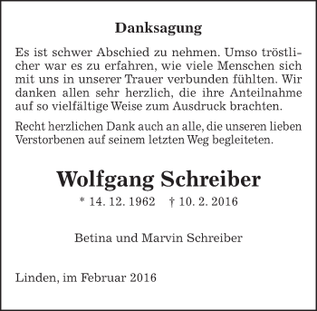 Traueranzeige von Wolfgang Schreiber von  Gießener Anzeiger