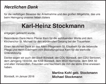Traueranzeige von Karl-Heinz Stockmann von  Bürstädter Zeitung