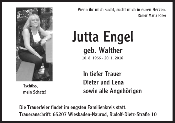 Traueranzeige von Jutta Engel von  Wiesbaden komplett