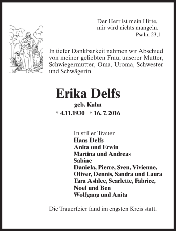 Traueranzeige von Erika Delfs von Trauerportal Rhein Main Presse