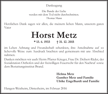 Traueranzeige von Horst Metz von  Allgemeine Zeitung Alzey