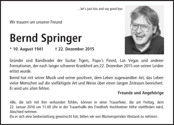 Traueranzeige von Bernd Springer von  Wormser Zeitung