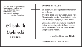 Traueranzeige von Elisabeth Urbinski von  Allgemeine  Zeitung Ingelheim-Bingen