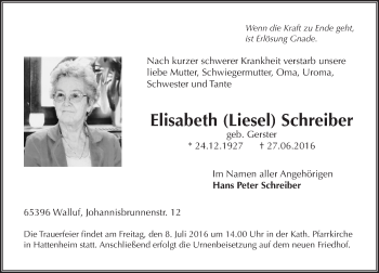Traueranzeige von Elisabeth Schreiber von Trauerportal Rhein Main Presse