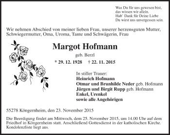 Traueranzeige von Margot Hofmann von  Landskrone