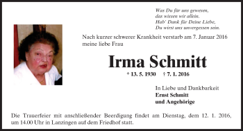 Traueranzeige von Irma Schmitt von  Gelnhäuser Tageblatt