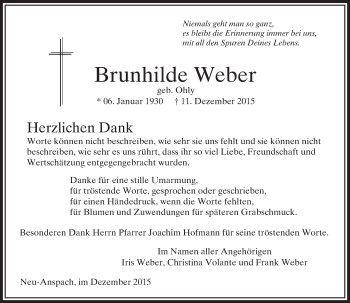 Traueranzeige von Brunhilde Weber von  Usinger Anzeiger