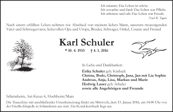 Traueranzeige von Karl Schuler von  Allgemeine Zeitung Alzey