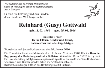 Traueranzeige von Reinhard Gottwald von  Allgemeine Zeitung Alzey