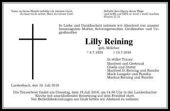Traueranzeige von Lilly Reining von  Gießener Anzeiger