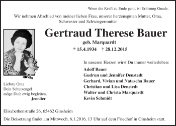 Traueranzeige von Gertraud Therese Bauer von  Mainspitze