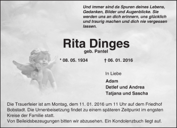 Traueranzeige von Rita Dinges von  Bürstädter Zeitung