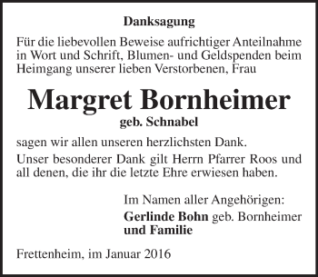 Traueranzeige von Margret Bornheimer von  Wormser Zeitung