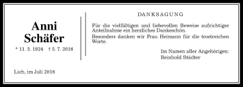 Traueranzeige von Anni Schäfer von  Gießener Anzeiger