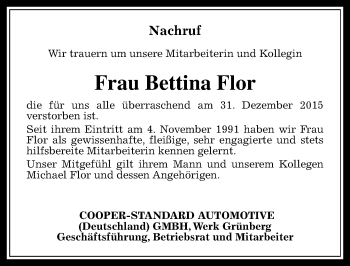 Traueranzeige von Bettina Flor von  Gießener Anzeiger
