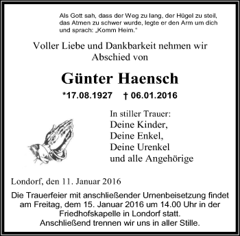 Traueranzeige von Günter Haensch von  Gießener Anzeiger
