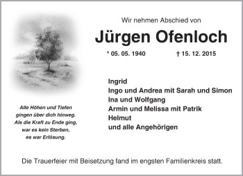 Traueranzeige von Jürgen Ofenloch von  Bürstädter Zeitung