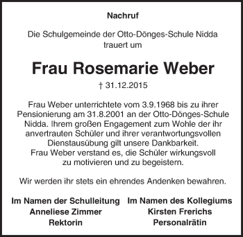 Traueranzeige von Rosemarie Weber von  Kreisanzeiger