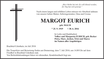 Traueranzeige von Margot Eurich von  Gelnhäuser Tageblatt