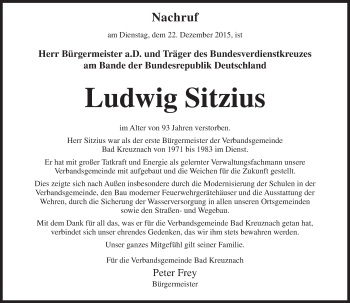 Traueranzeige von Ludwig Sitzius von  Allg. Zeitung Bad Kreuznach