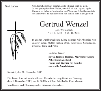 Traueranzeige von Gertrud Wenzel von VRM Trauer