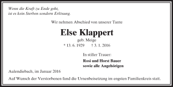 Traueranzeige von Else Klappert von  Kreisanzeiger