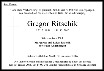 Traueranzeige von Gregor Ritschik von VRM Trauer
