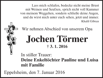 Traueranzeige von Jochen Törmer von  Allgemeine Zeitung Alzey