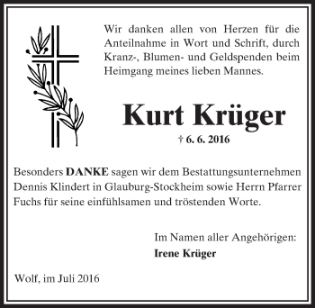 Traueranzeige von Kurt Krüger von  Sonntags Anzeiger
