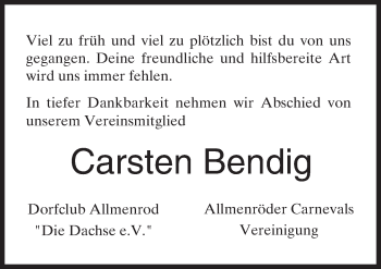 Traueranzeige von Carsten Bendig von VRM Trauer