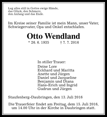 Traueranzeige von Otto Wendland von  Gießener Anzeiger