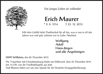 Traueranzeige von Erich Maurer von  Allgemeine Zeitung Alzey
