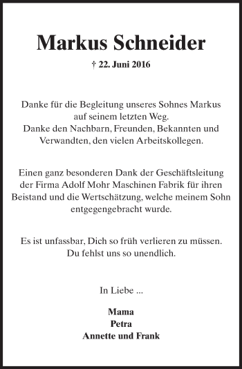 Traueranzeige von Markus Schneider von Trauerportal Rhein Main Presse