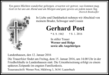 Traueranzeige von Gerhard Post von VRM Trauer