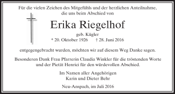 Traueranzeige von Erika Riegelhof von  Usinger Anzeiger Traueranzeige von Erika Riegelhof von  Usinger Anzeiger