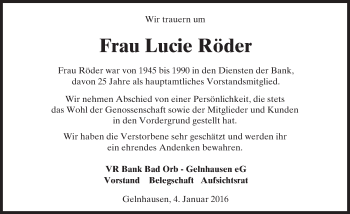 Traueranzeige von Lucie Röder von  Gelnhäuser Tageblatt