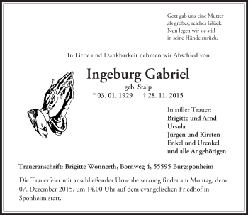 Traueranzeige von Ingeburg Gabriel von  Allg. Zeitung Bad Kreuznach