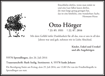 Traueranzeige von Otto Hörger von Trauerportal Rhein Main Presse