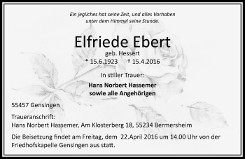 Traueranzeige von Elfriede Ebert von  Allgemeine  Zeitung Ingelheim-Bingen