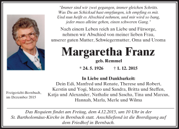 Traueranzeige von Margaretha Franz von  Gelnhäuser Tageblatt