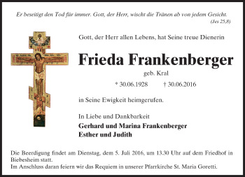 Traueranzeige von Frieda Frankenberger von Trauerportal Echo Online