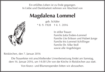 Traueranzeige von Magdalena Lommel von  Gießener Anzeiger