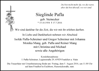 Traueranzeige von Sieglinde Pafla von VRM Trauer