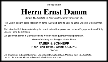 Traueranzeige von Ernst Damm von  Gießener Anzeiger
