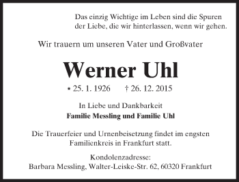 Traueranzeige von Werner Uhl von  Kreisanzeiger