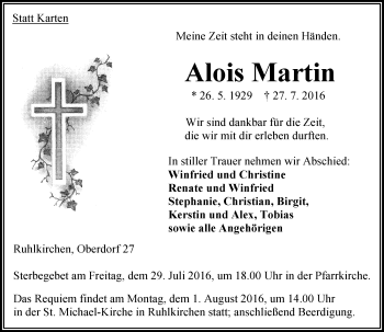 Traueranzeige von Alois Martin von VRM Trauer