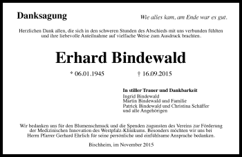 Traueranzeige von Erhard Bindewald von  Allgemeine Zeitung Alzey