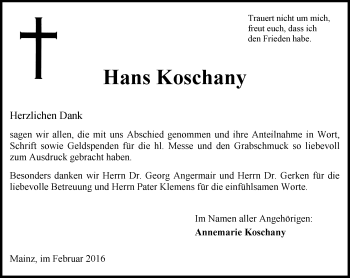 Traueranzeige von Hans Koschany von  Allgemeine Zeitung Mainz