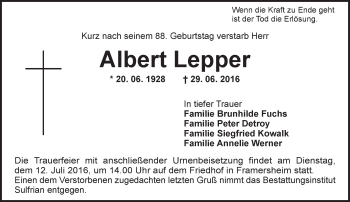 Traueranzeige von Albert Lepper von Trauerportal Rhein Main Presse